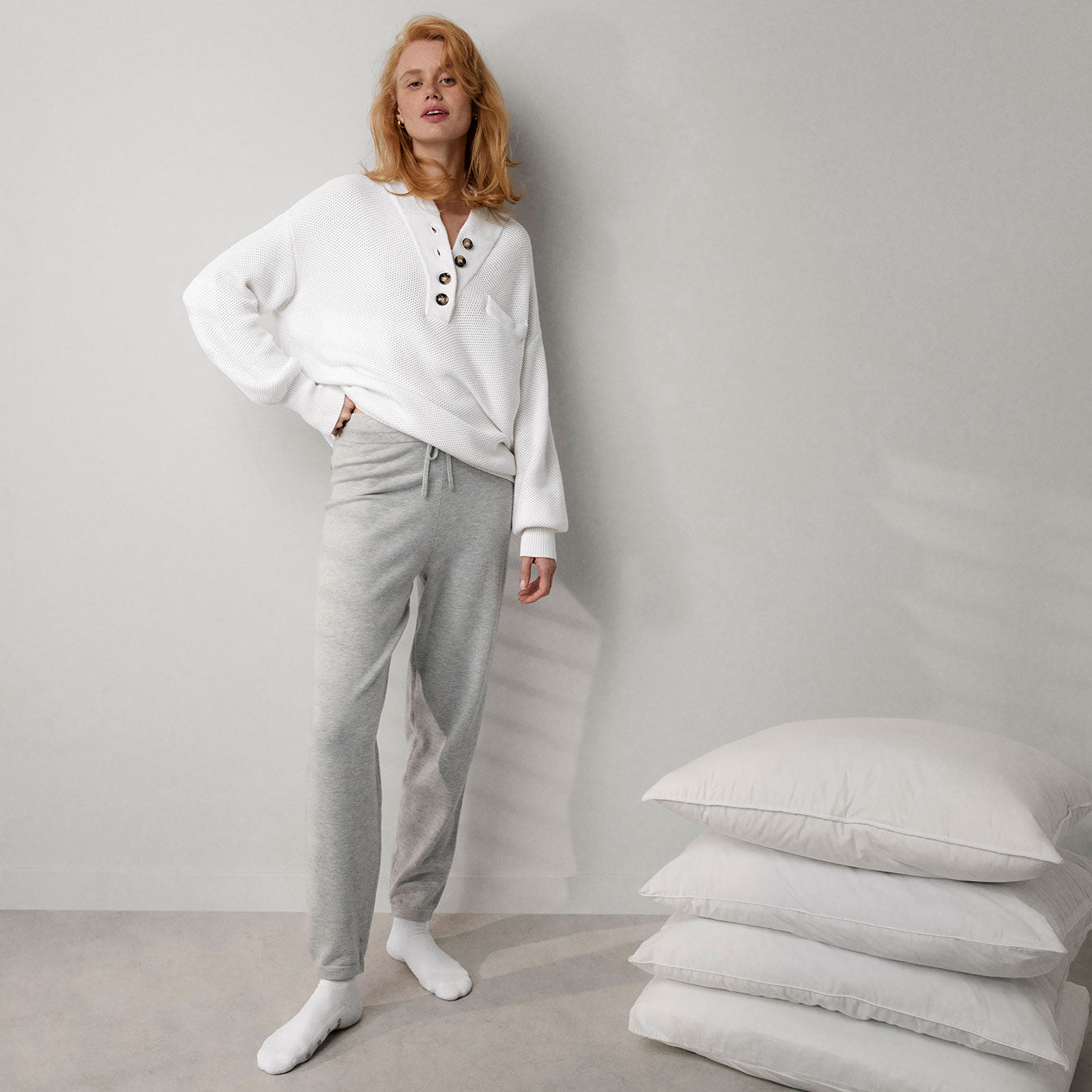 Lunya Sleepwear Cozy Cotton Silk Pocket Henley - #Sincere White
