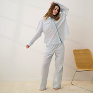 Lunya Pajamas - AIRY COTTON PIPED WIDE LEG PANT #STILLWATER STRIPE / SPRING CLOVER