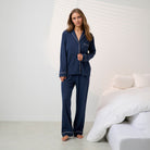 Lunya Pajamas - SLUMBERKNIT™ SHAWL COLLAR BUTTON DOWN PANT SET - #Deep Blue/Delicate Pink