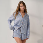 Lunya Pajamas - Washable Silk Button Up Long Sleeve Short Set #Riviera Dot/Iced Coffee