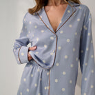 Lunya Pajamas - Washable Silk Button Up Long Sleeve Short Set #Riviera Dot/Iced Coffee