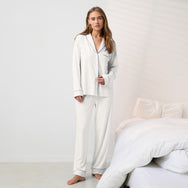 Lunya Pajamas - SLUMBERKNIT™ SHAWL COLLAR BUTTON DOWN PANT SET - #Lunar White/Quiet Lilac