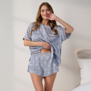 Lunya Pajamas - Washable Silk Tee Short Set #Riviera Dot/Iced Coffee