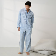 Lunya Men's Pajamas - Men's Airy Cotton Piped PANT - #STEEL BLUE/DEEP BLUE