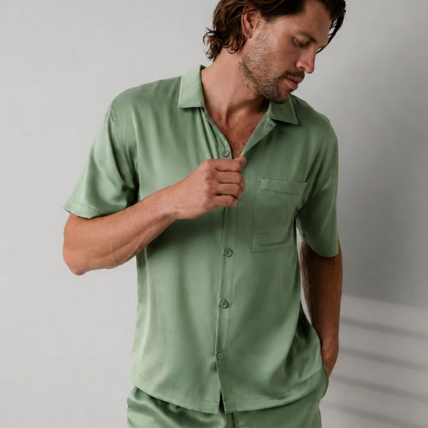 Men's Washable Silk Button Up Short Set