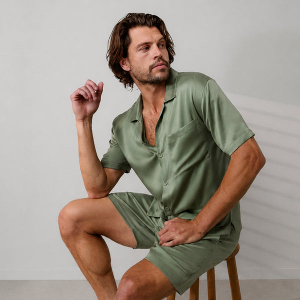 Men's Washable Silk Button Up Short Set