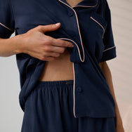 Lunya Pajamas - SLUMBERKNIT™ SHAWL COLLAR SHORT SLEEVE SHORT SET- #Deep Blue/Delicate Pink