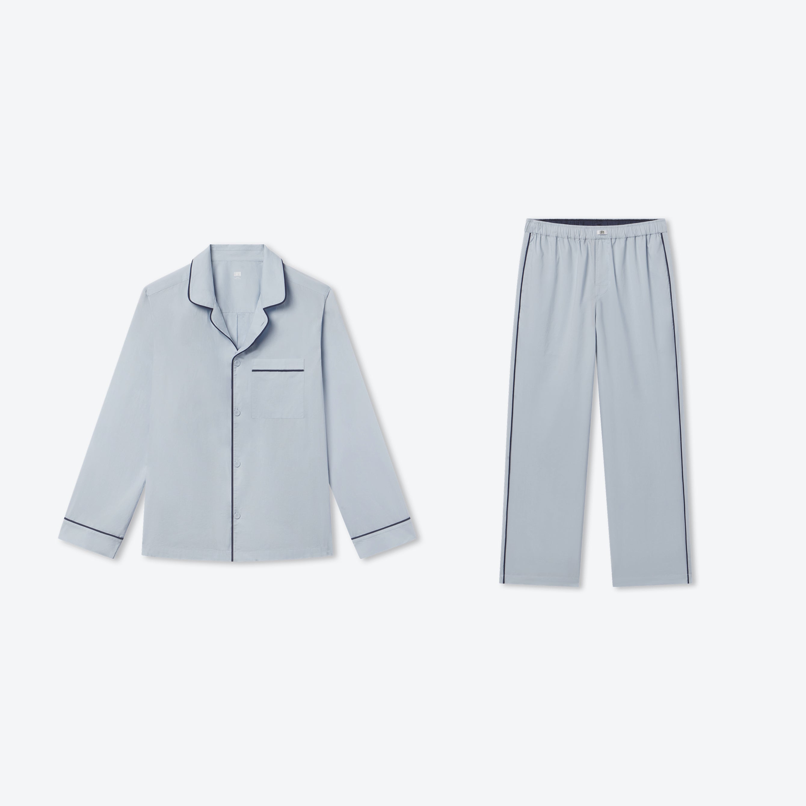 Lunya Men's Pajama Set - Men's Airy Cotton Piped PANT/Men's Airy Cotton Piped Shirt - #STEEL BLUE/DEEP BLUE