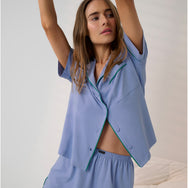 Lunya Pajamas - SLUMBERKNIT™ SHAWL COLLAR SHORT SLEEVE SHORT SET- #Bluebell Bloom/Spring Clover
