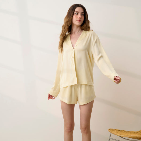 Washable Silk Button Up Long Sleeve Short Set