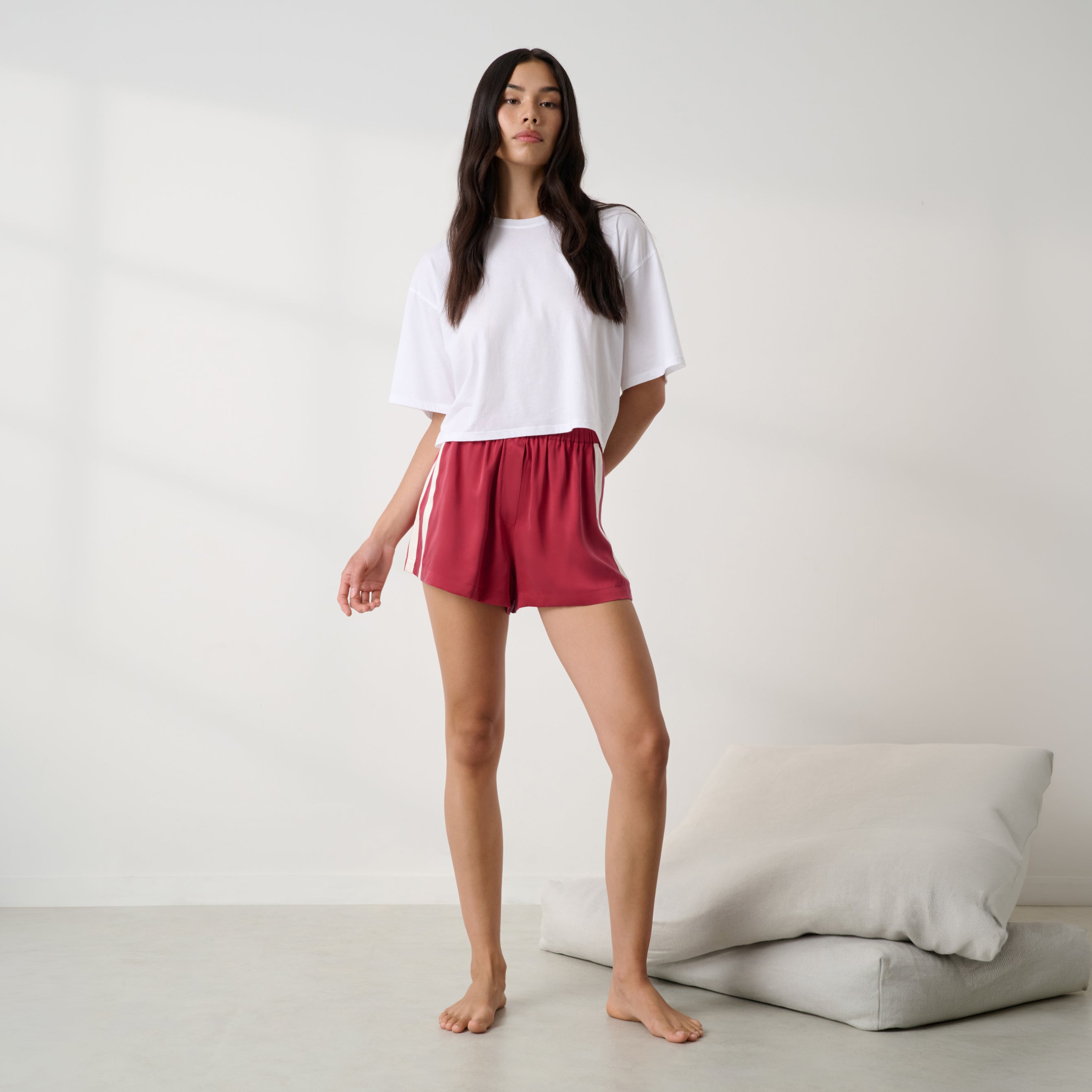 Lunya Pajamas - Washable Silk Side Stripe Short - #Chili Pepper/Soft Ivory