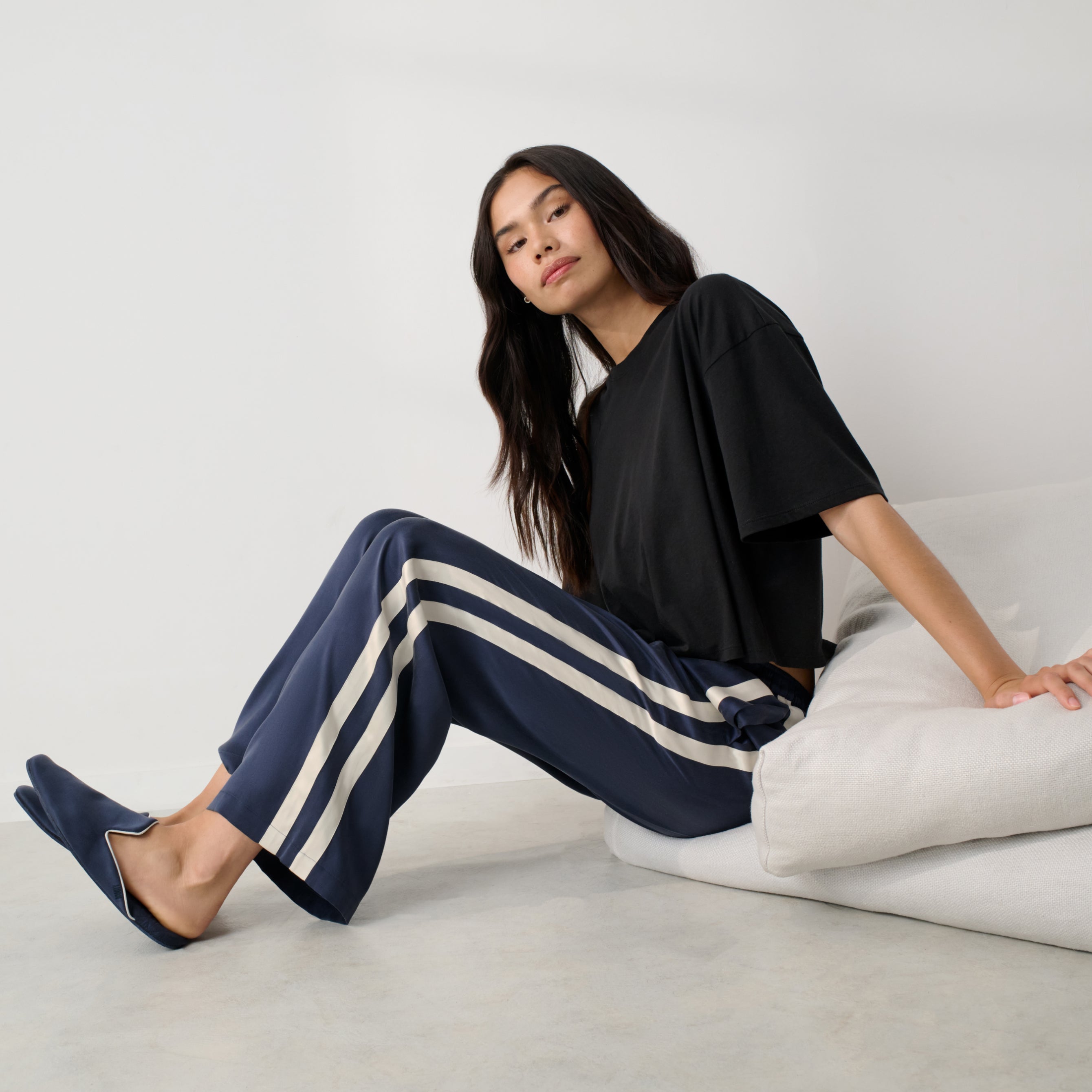 Lunya Pajamas - Washable Silk Side Stripe PANT #Deep Blue/Soft Ivory