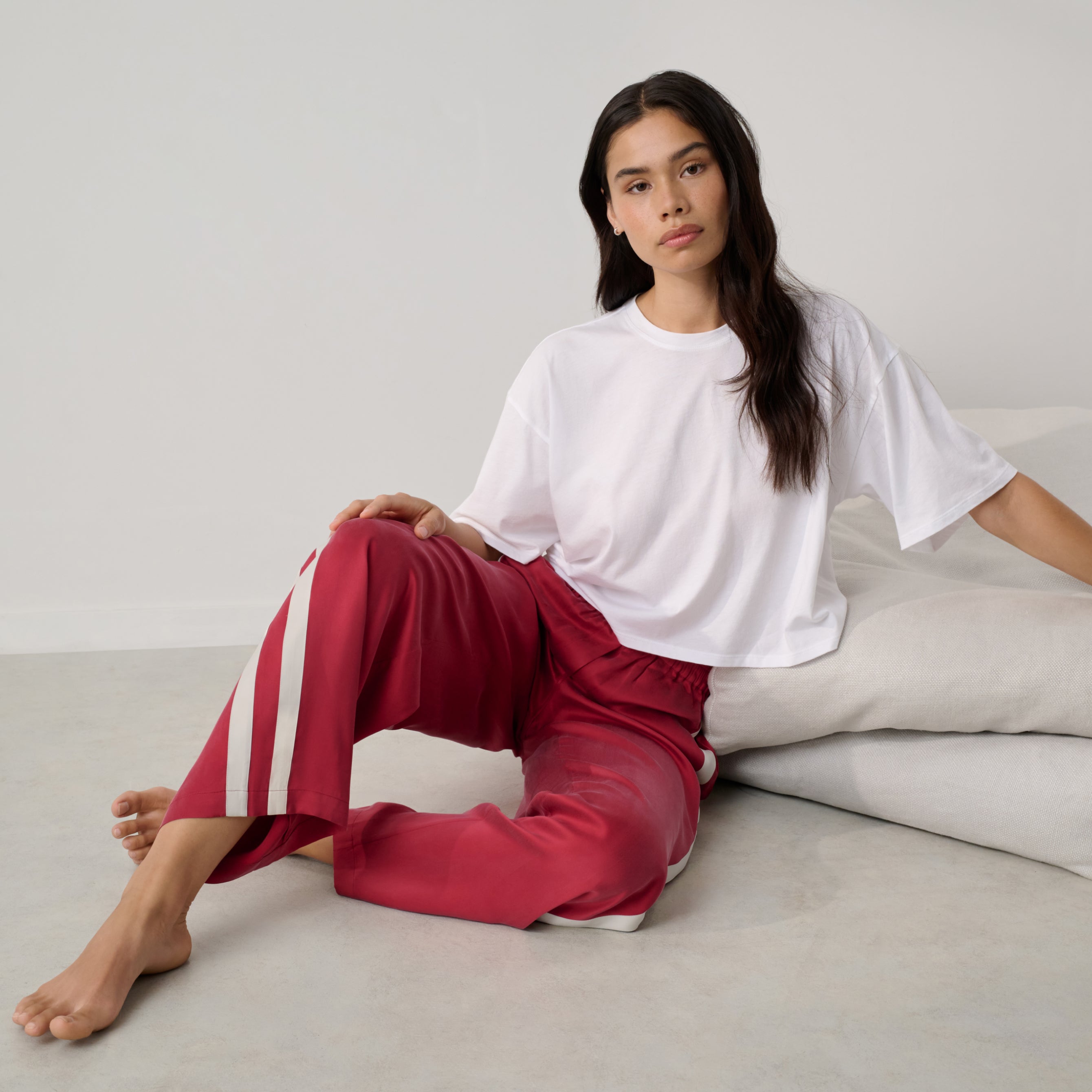 Lunya Pajamas - Washable Silk Side Stripe PANT #Chili Pepper/Soft Ivory