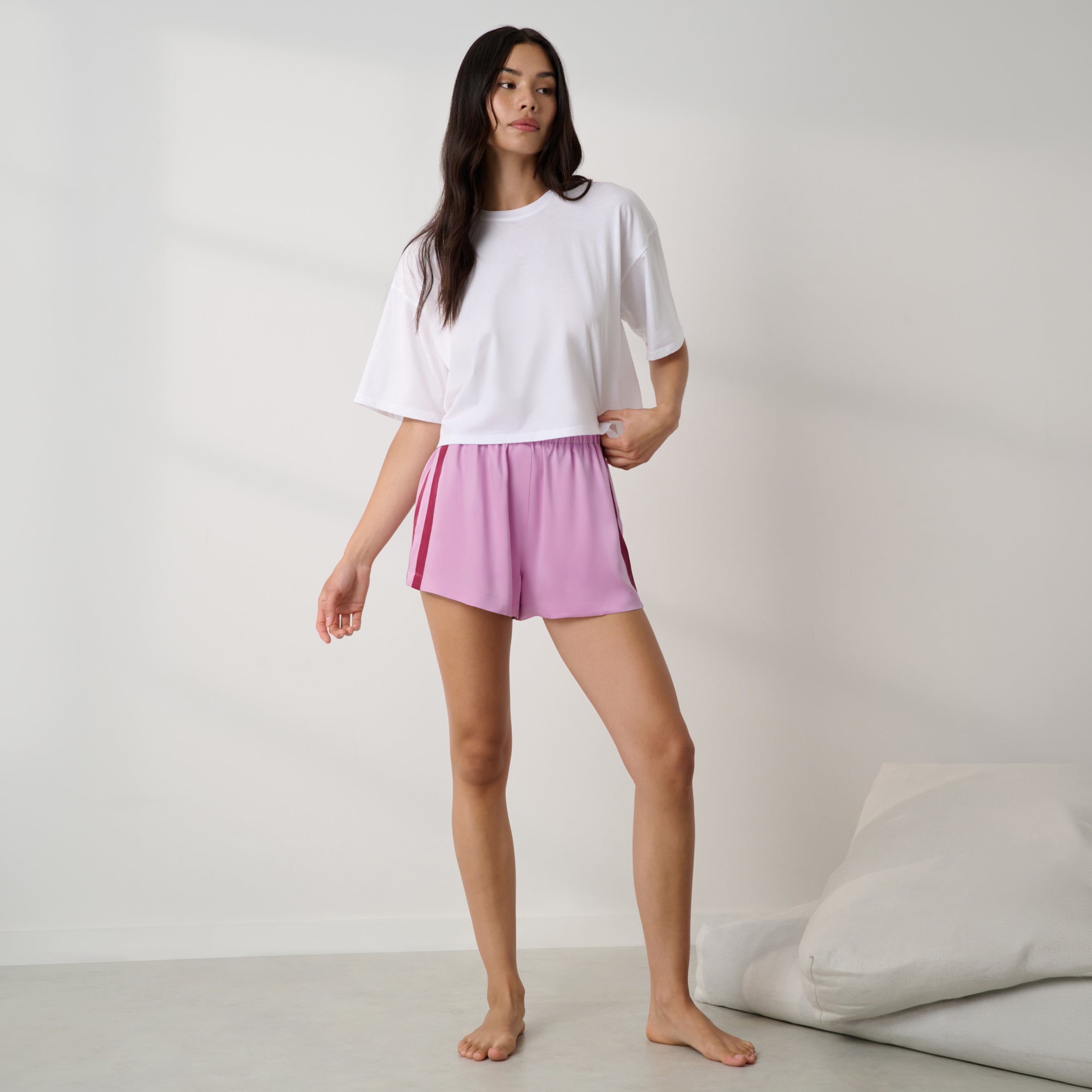 Lunya Pajamas - Washable Silk Side Stripe Short - #Lilac Bloom/Deep Currant