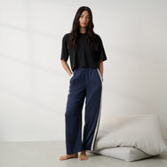 Lunya Pajamas - Washable Silk Side Stripe PANT #Deep Blue/Soft Ivory