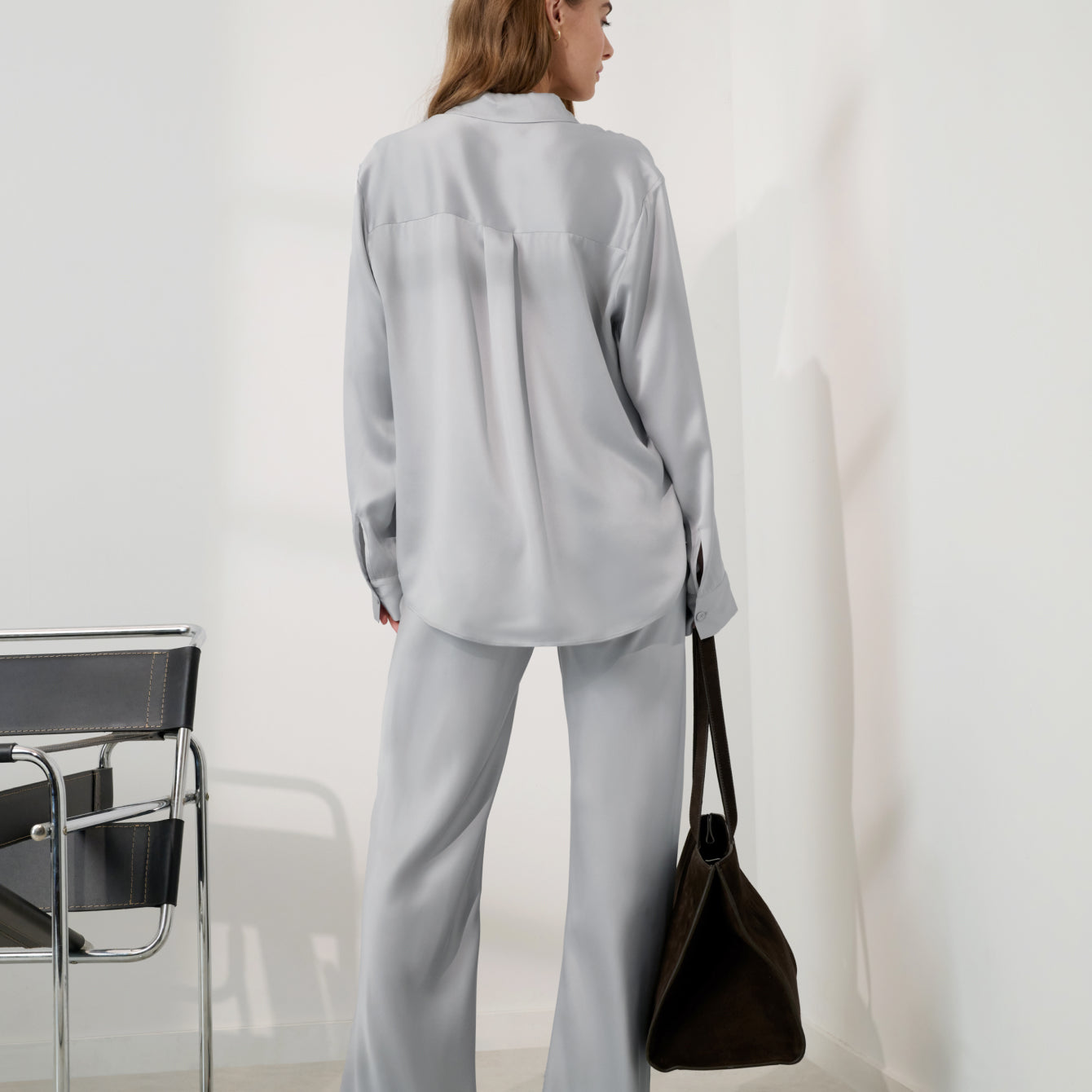 Lunya Silk Icons Washable Silk Ladder Stitch Button Down - #Dove Grey