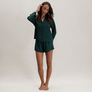 Lunya Pajamas Washable Silk Striped Jacquard Button Up Long Sleeve Short Set - #Dusky Cypress Jacquard