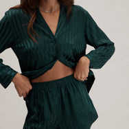 Lunya Pajamas Washable Silk Striped Jacquard Button Up Long Sleeve Short Set - #Dusky Cypress Jacquard