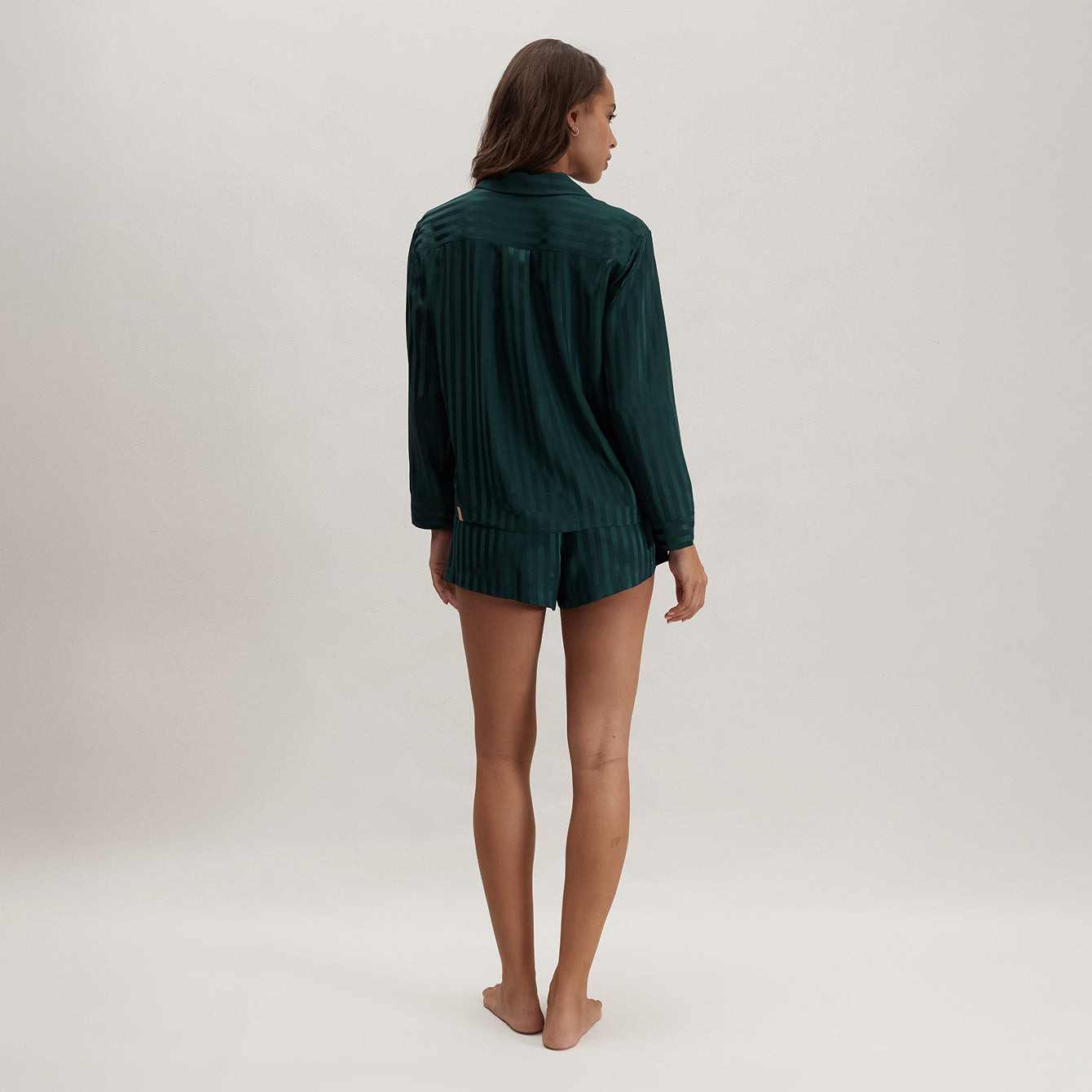 Lunya Pajamas Washable Silk Striped Jacquard Button Up Long Sleeve Short Set - #Dusky Cypress Jacquard
