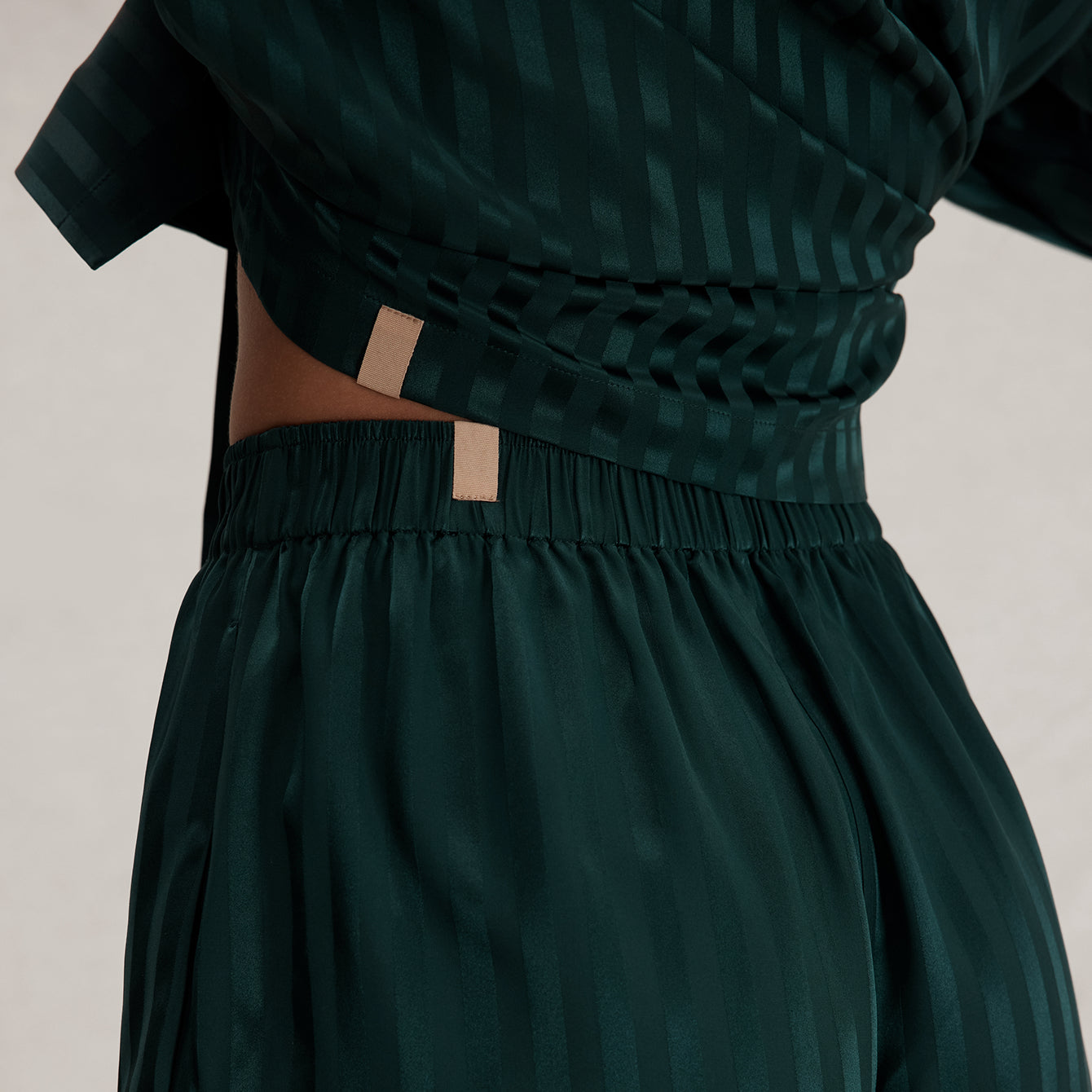 Lunya Pajamas Washable Silk Striped Jacquard Button Up Long Sleeve Short Set - #Dusky Cypress Jacquard