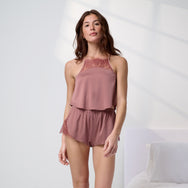 Lunya Pajamas Washable Silk Lace Cami Short Set - #Brambled Blush/Mulled Maple