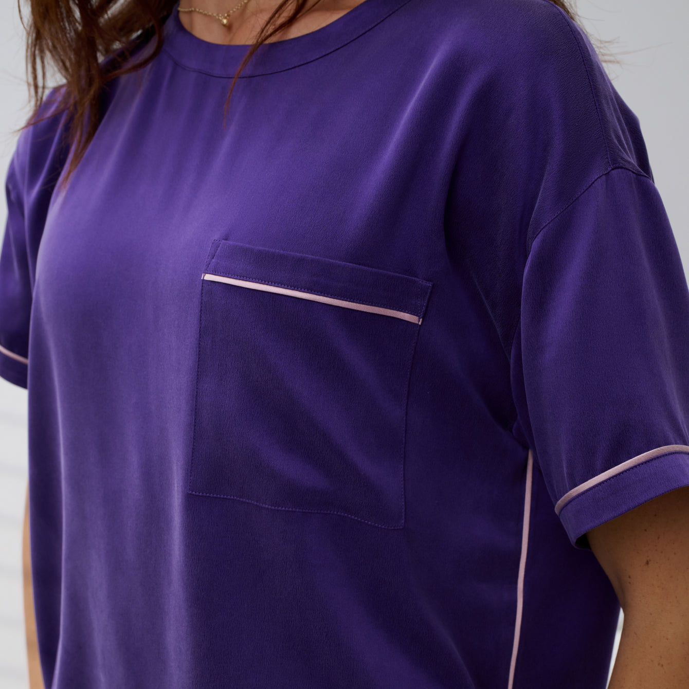 Lunya Pajamas Washable Silk Piped Tee Short Set - #Flying Fig/Lilac Haze