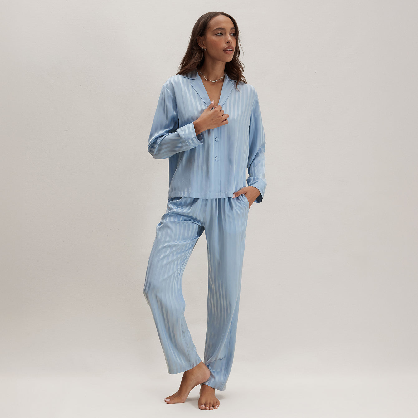 Lunya Pajamas Washable Silk Striped Jacquard Long Sleeve Pant Set - #Frosted Lagoon Jacquard