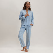 Lunya Pajamas Washable Silk Striped Jacquard Long Sleeve Pant Set - #Frosted Lagoon Jacquard