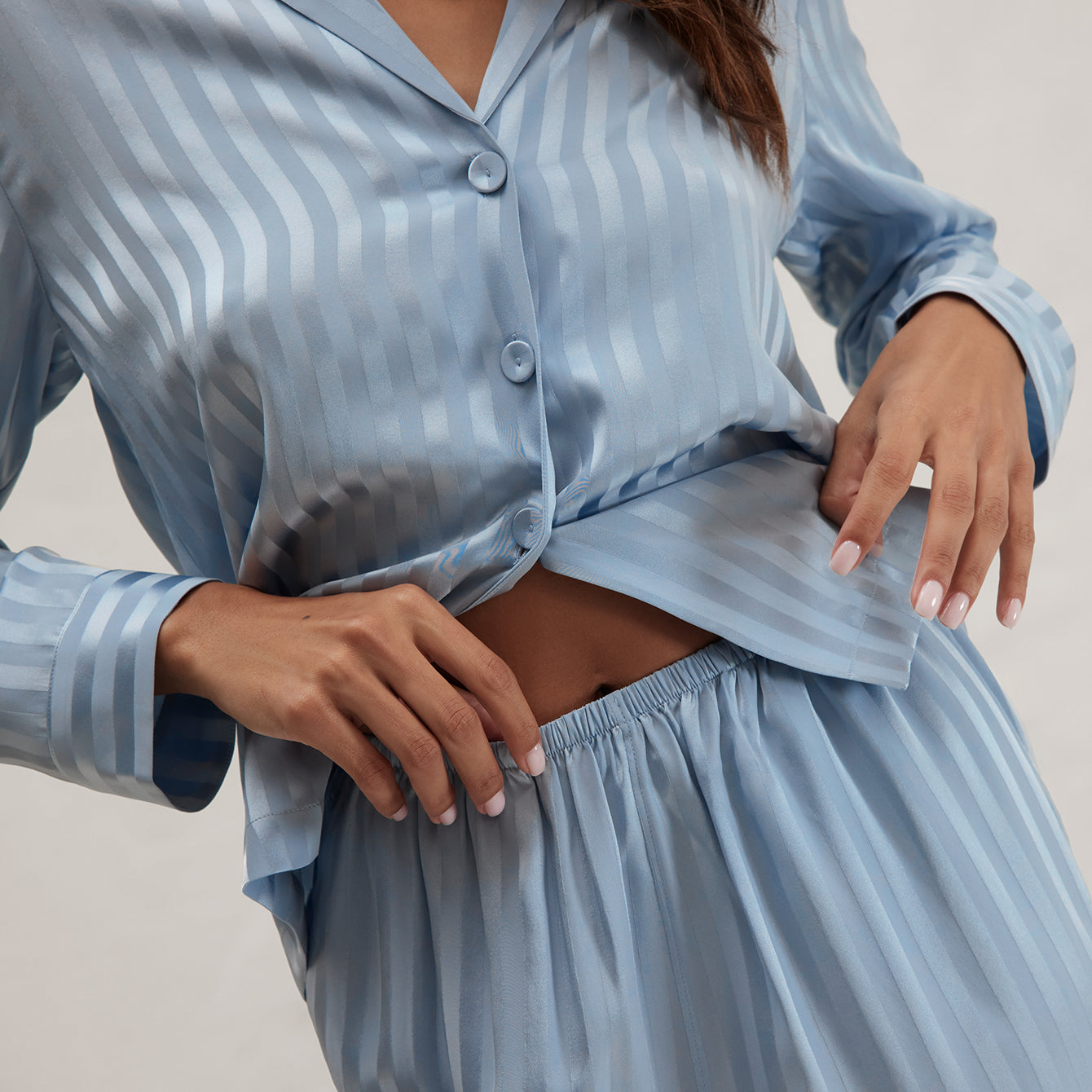 Lunya Pajamas Washable Silk Striped Jacquard Long Sleeve Pant Set - #Frosted Lagoon Jacquard