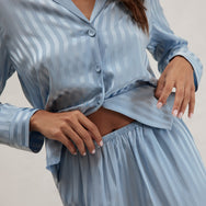 Lunya Pajamas Washable Silk Striped Jacquard Long Sleeve Pant Set - #Frosted Lagoon Jacquard
