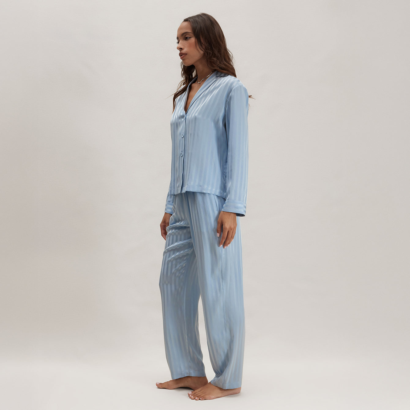 Lunya Pajamas Washable Silk Striped Jacquard Long Sleeve Pant Set - #Frosted Lagoon Jacquard