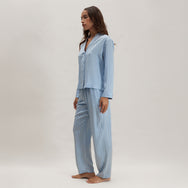 Lunya Pajamas Washable Silk Striped Jacquard Long Sleeve Pant Set - #Frosted Lagoon Jacquard