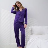 Lunya Pajamas Washable Silk Piped Long Sleeve Pant Set - #Flying Fig/Lilac Haze
