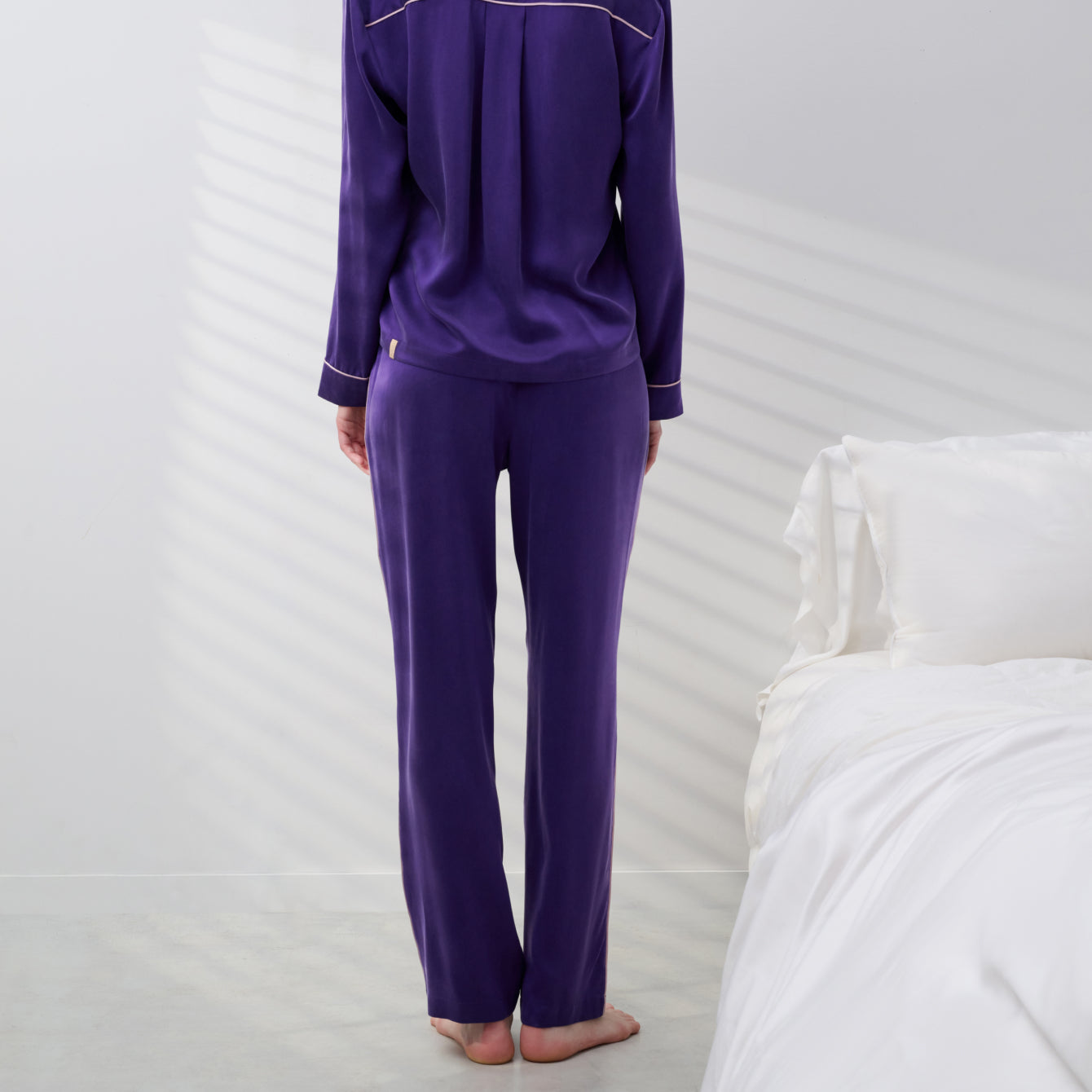 Lunya Pajamas Washable Silk Piped Long Sleeve Pant Set - #Flying Fig/Lilac Haze