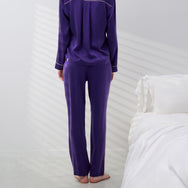 Lunya Pajamas Washable Silk Piped Long Sleeve Pant Set - #Flying Fig/Lilac Haze