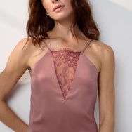 Lunya Lingerie Washable Silk Lace Plunge Mini Dress - #Brambled Blush/Mulled Maple
