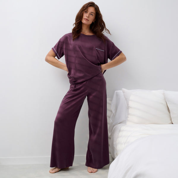 Washable Silk Piped Tee Pant Set