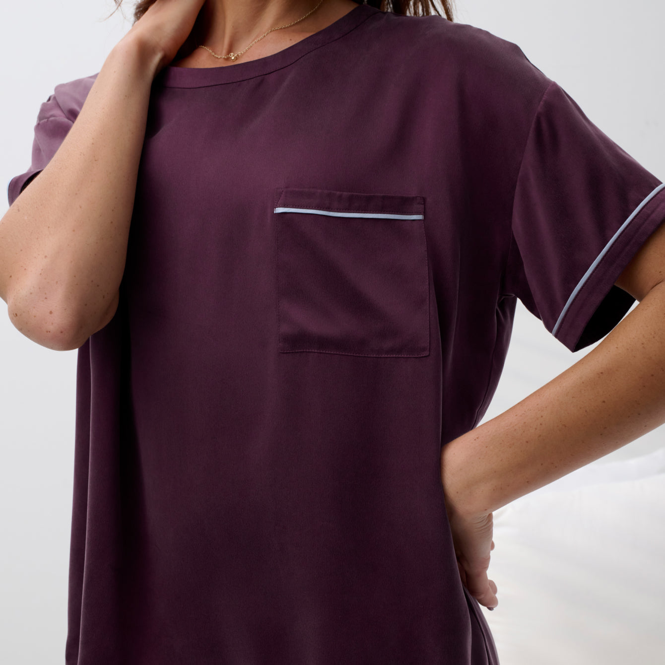 Lunya Pajamas Washable Silk Piped Tee Pant Set - #Vintage Merlot/Frosted Lagoon