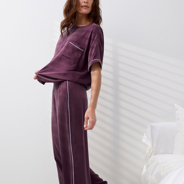 Washable Silk Piped Tee Pant Set