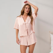 Lunya Pajamas - Washable Silk Tie Front Short Set #Delicate Pink
