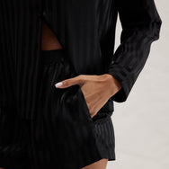 Lunya Pajamas Washable Silk Striped Jacquard Button Up Long Sleeve Short Set - #Immersed Black Jacquard