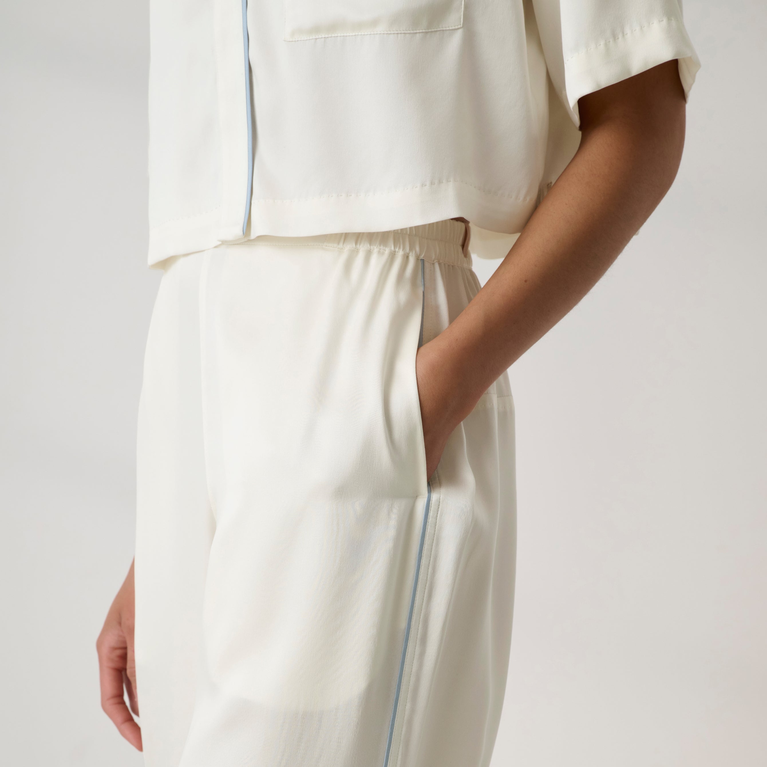 Lunya Pajamas Bridal - Washable Silk Piped High Rise Pant Set #Tranquil White/Frosted Lagoon
