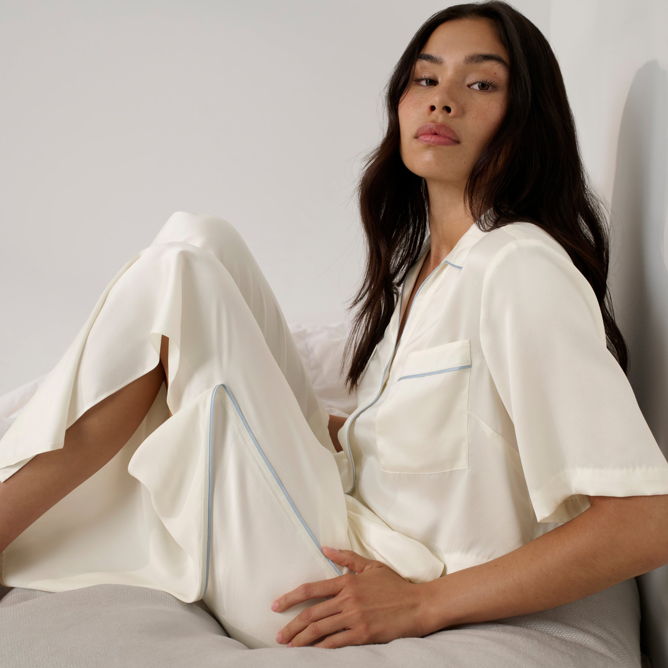 Lunya Pajamas Bridal - Washable Silk Piped High Rise Pant Set #Tranquil White/Frosted Lagoon