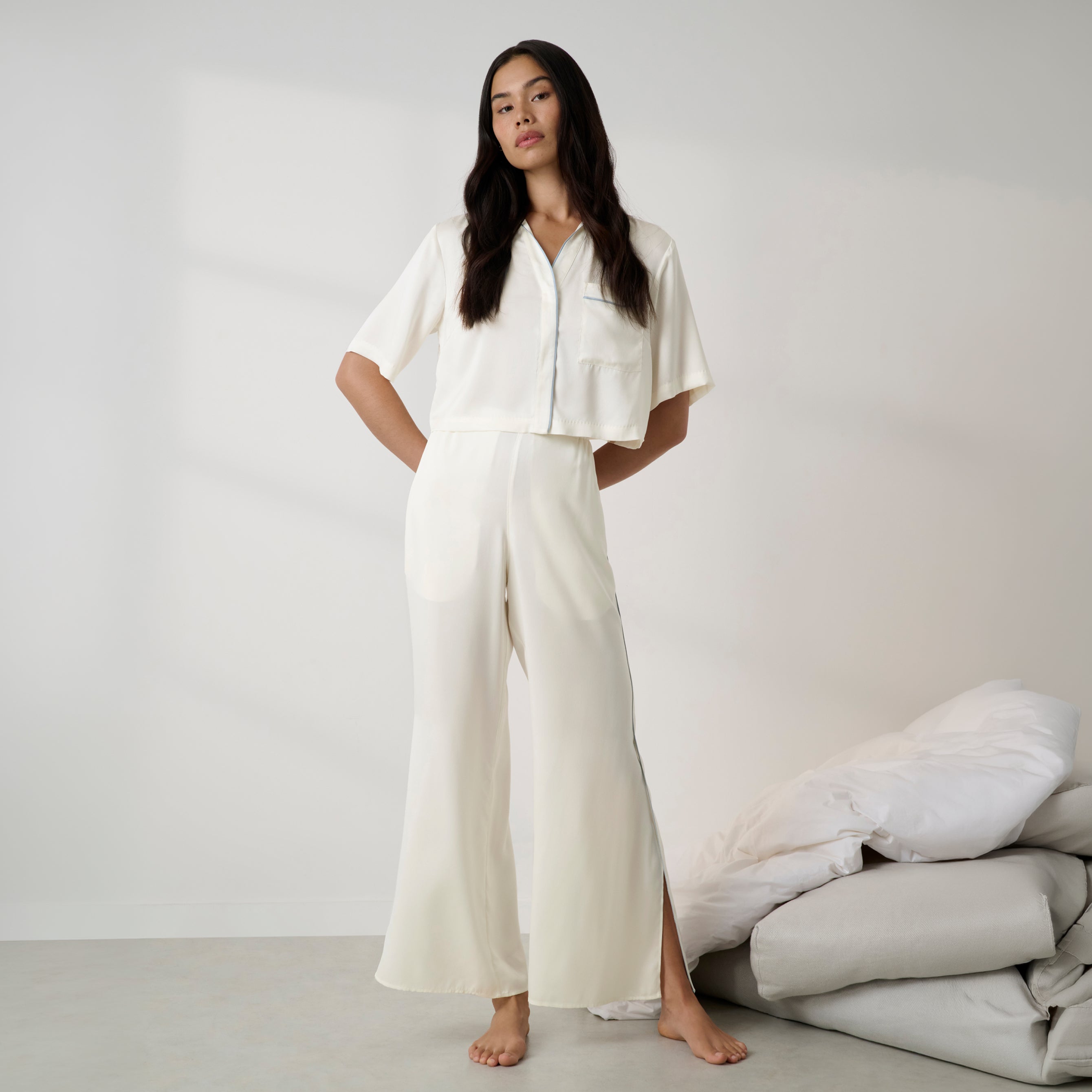 Lunya Pajamas Bridal - Washable Silk Piped High Rise Pant Set #Tranquil White/Frosted Lagoon