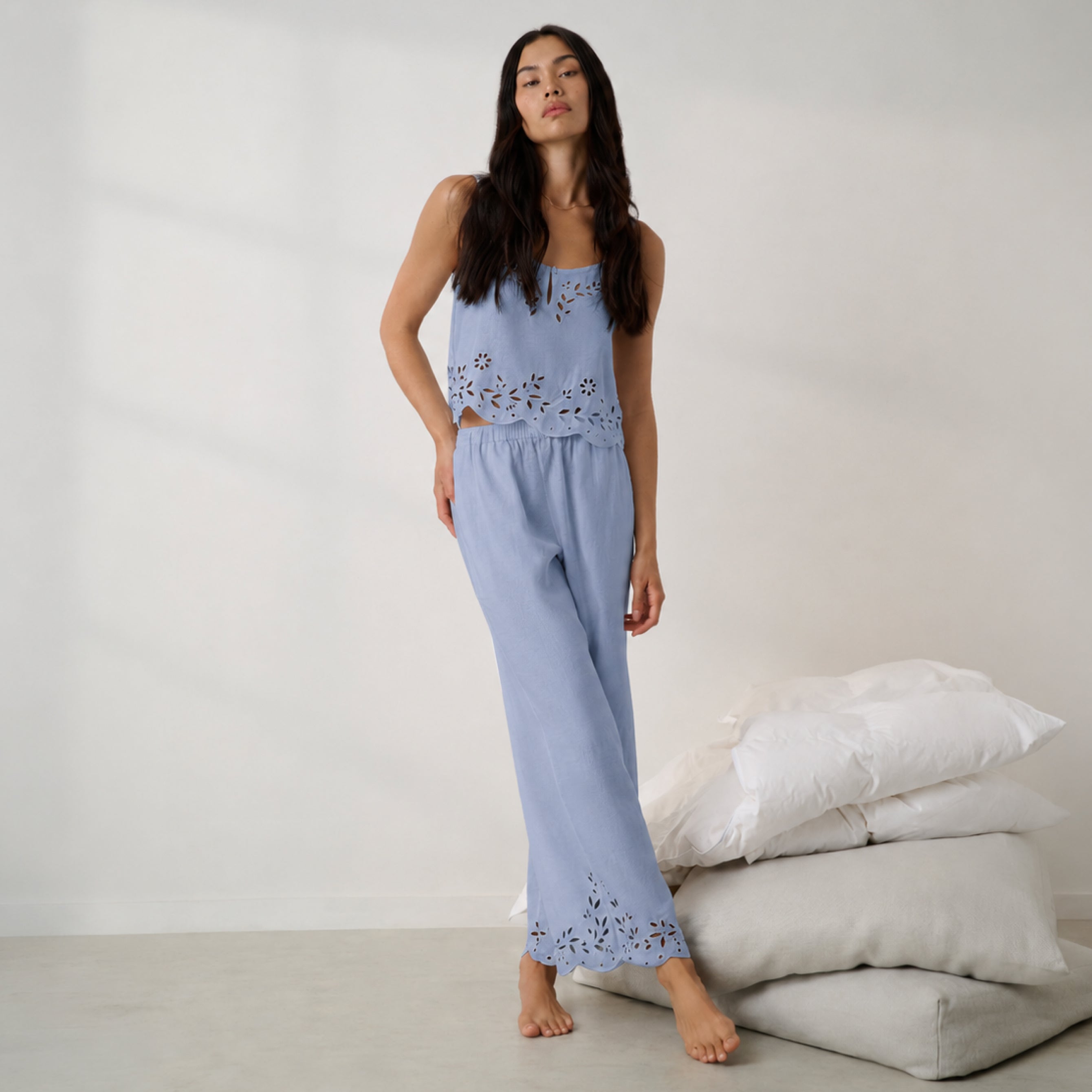 Lunya Pajamas - Linen Embroidered Eyelet Tank - #Whisper Blue