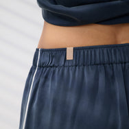 Lunya Pajamas Washable Silk Piped Button Up Long Sleeve Short Set - #Deep Blue/Tranquil White