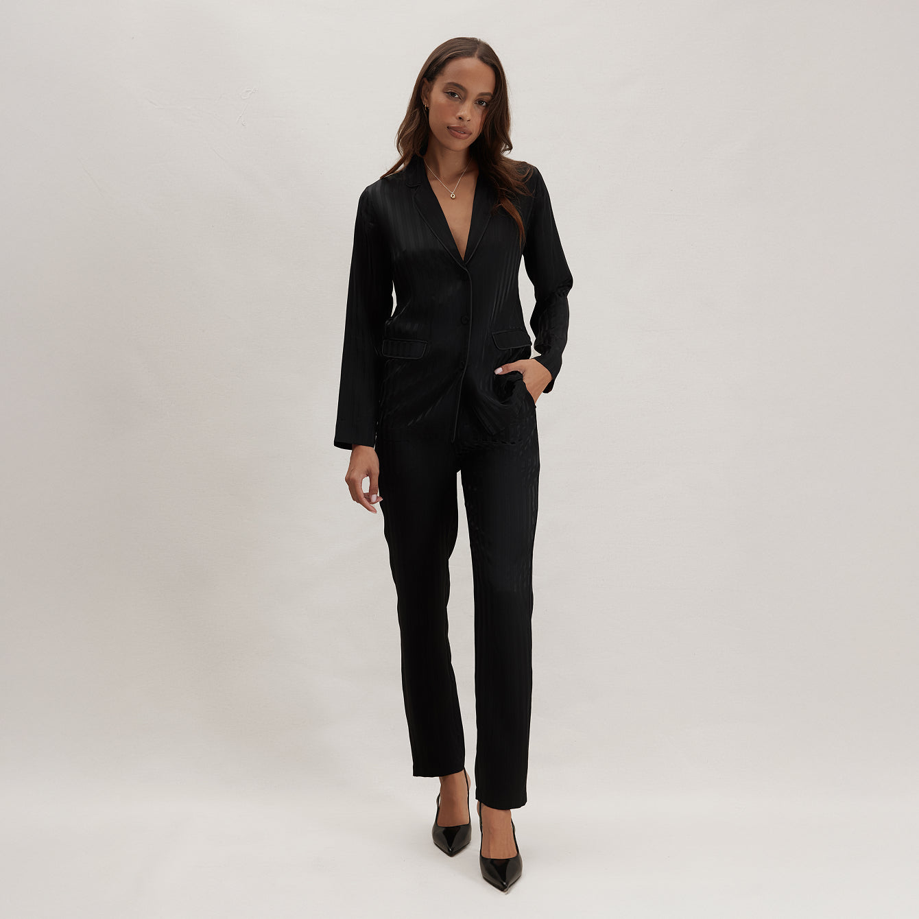 Lunya Silk Striped Jacquard Tuxedo Pajama Set - #Immersed Black Jacquard