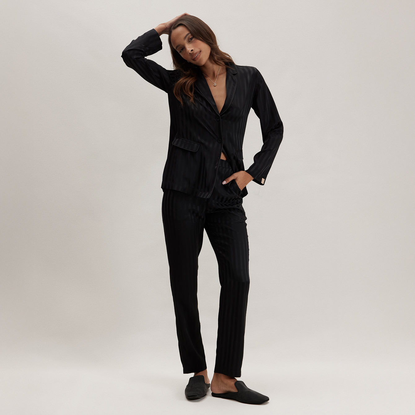 Lunya Silk Striped Jacquard Tuxedo Pajama Set - #Immersed Black Jacquard