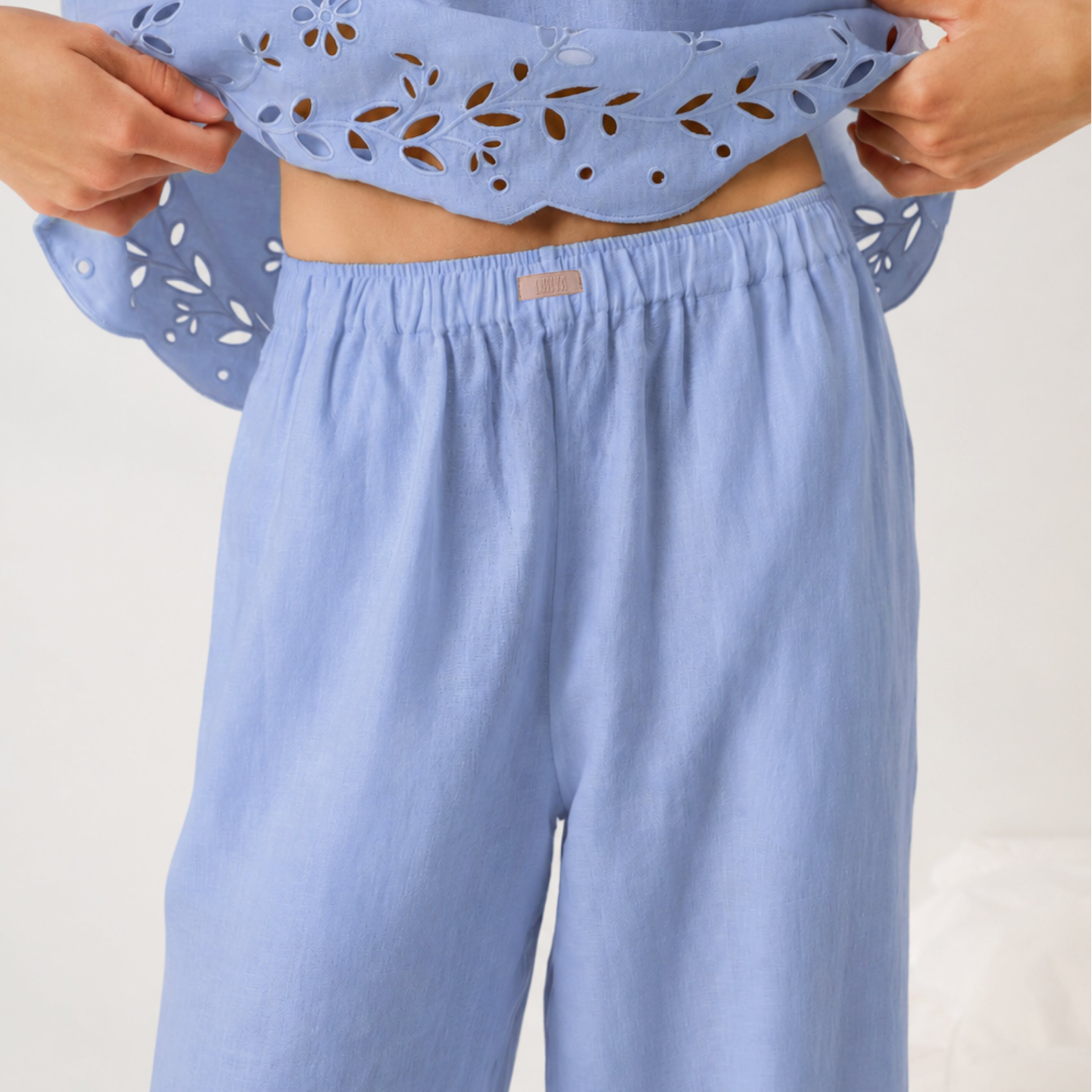 Lunya Pajamas - LINEN EMBROIDERED EYELET PANT - #Whisper Blue