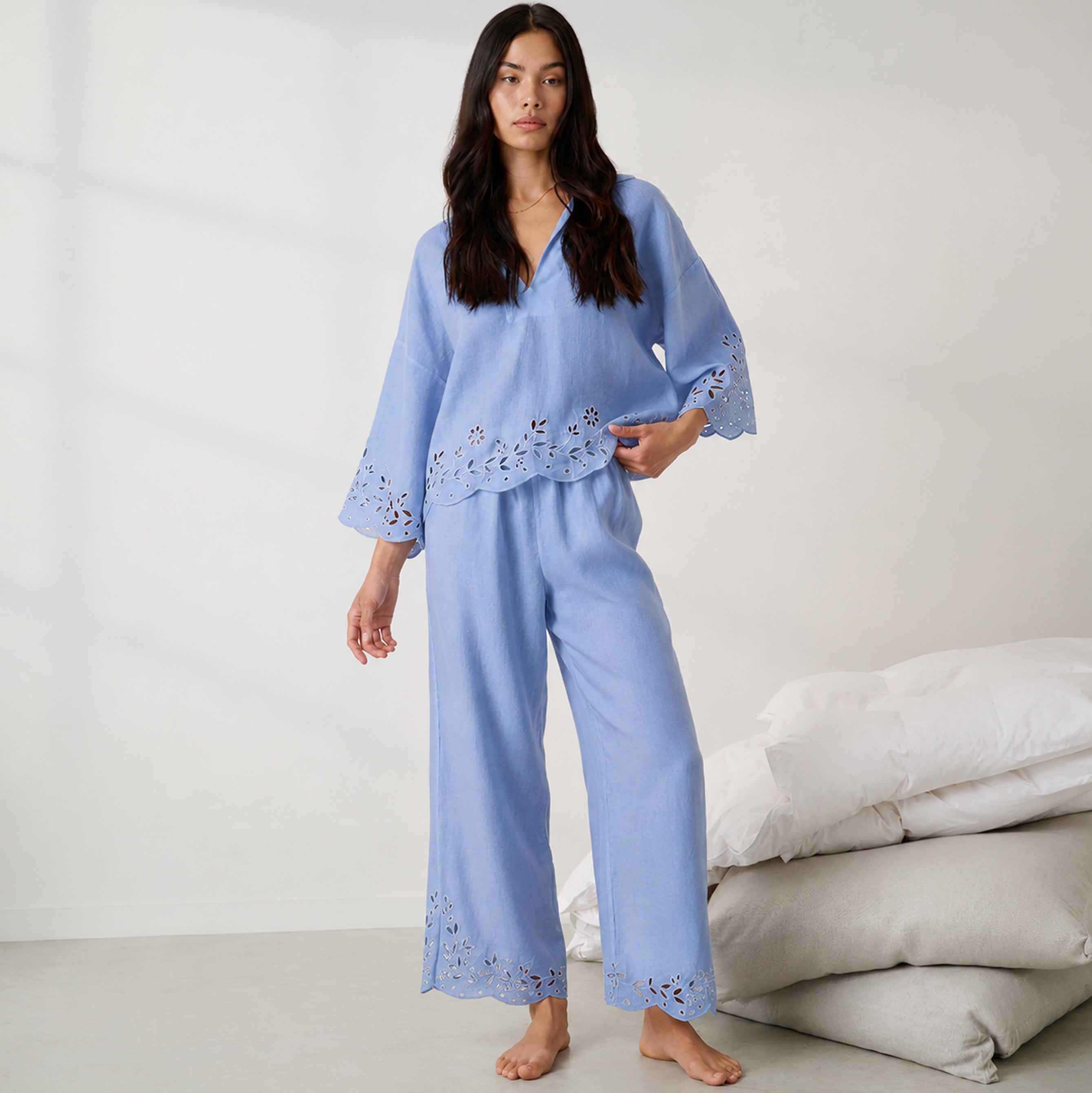 Lunya Pajamas - LINEN EMBROIDERED EYELET PANT - #Whisper Blue